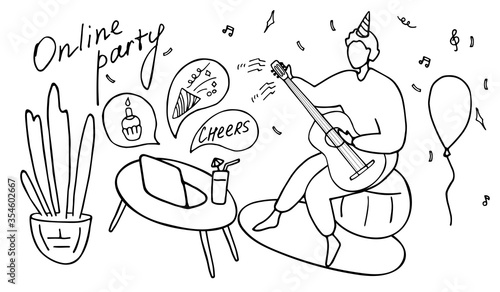Man plays the guitar during an online party. Virtual birthday party, video call. Modern lifestyle, online life. Linear doodle vector illustration