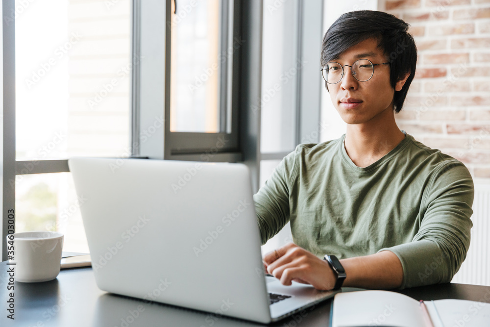 Image of handsome young asian man using laptop in apartment Image of handsome young asian man using laptop in apartment