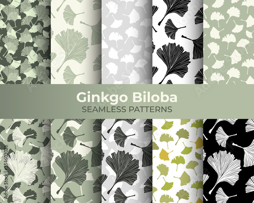 Ginkgo Biloba Seamless Pattern Collection. Vector Botanical Plant for Fabric Textile Design and Interior Wallpapers. Pale Sage on Ivory Background