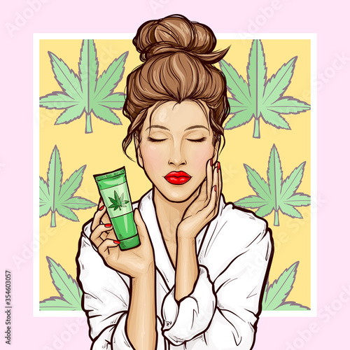 Pop art young woman in bathrobe with closed eyes holding in hand tube of herbal hemp cosmetic. Girl uses product for skin face care made of marijuana, cannabis. Advertising natural treatment cosmetics