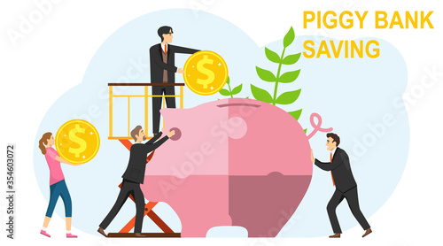 Collaboration, cooperation, interaction. A team of people puts together a puzzle of a piggy bank. Investing in a piggy bank. Vector illustration.