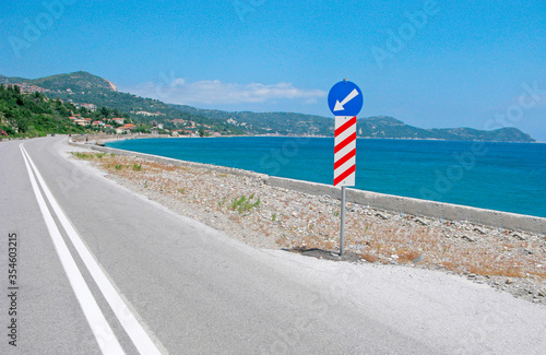 Traffic signs, obstacle and detour, keep left