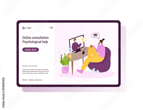 Psychological online services landing page template - distance support at home by internet. Upset girl crying and talking with psychologist, individual helpful therapy session or consultation vector
