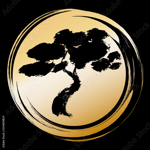 Pine tree on the background of a Golden circle, brush drawing in the Asian style. Vector