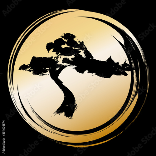 Pine tree on the background of a Golden circle, brush drawing in the Asian style.