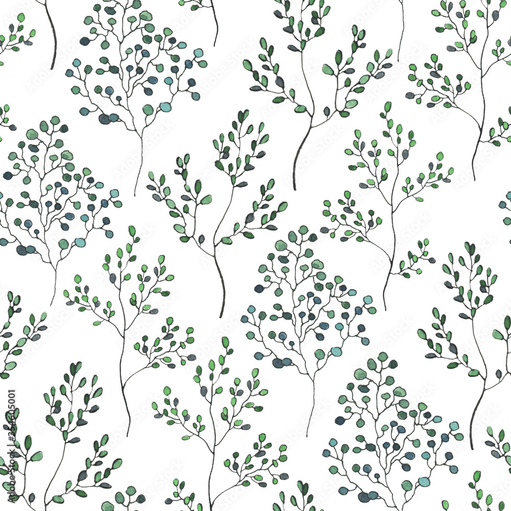 Greenery is a collection of high-quality hand-drawn watercolor patterns with leaves, plants boxwood in sketch and doodle style on white background