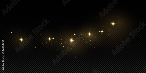 Glow light effect.  Vector sparkles on a transparent background. Christmas light effect. Sparkling magical dust particles.The dust sparks and golden stars shine with special light.