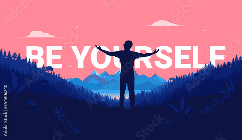 Платно Be yourself - Silhouette of man standing in landscape with great view, feeling free and accepting his identity