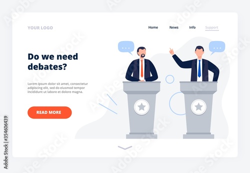 Male candidates debate on tribunes. The concept for promotion and active political discussion. Pre-election campaign website landing page. Flat Vector Illustration.