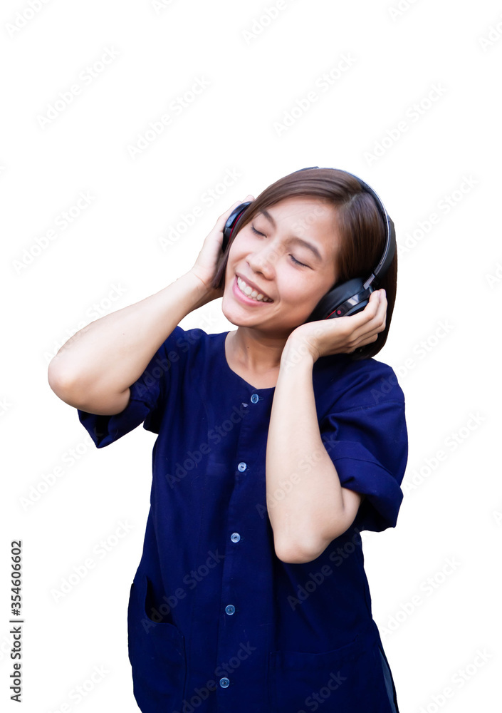 Woman wearing a blue shirt wearing headphones Woman wearing a blue shirt wearing headphones