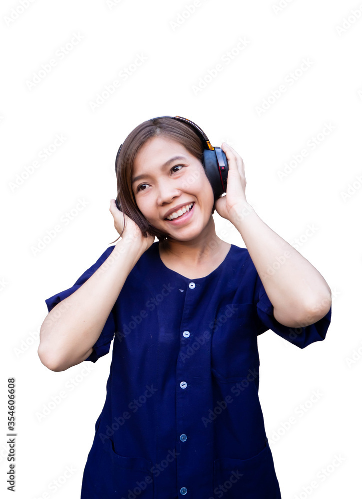 Woman wearing a blue shirt wearing headphones Woman wearing a blue shirt wearing headphones