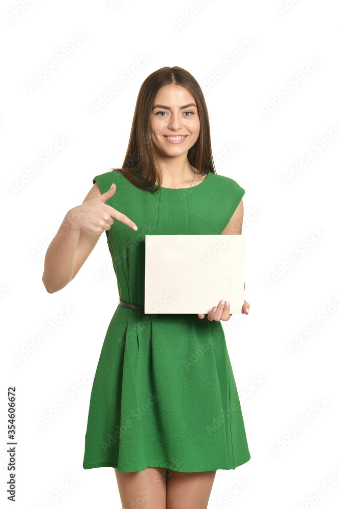 Woman and white signboard or copyspace for slogan or text