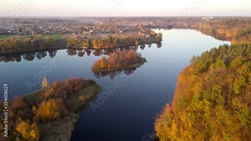 Aerial view of the village near the reservoir on the Teterev river, Ukraine, in autumn photo
