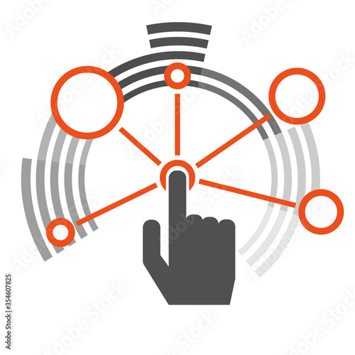 Interaction. The interaction icon in the form of circles. Hand finger presses the interaction button. Vector illustration.