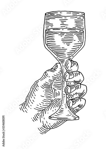 Woman hand holding and clinking wine glass. Vintage vector black engraving