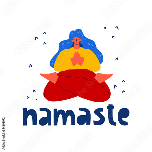 A woman sitting meditating. Flat illustration of a meditating yogi with namaste hand lettering. Vector illustration of meditation posture.