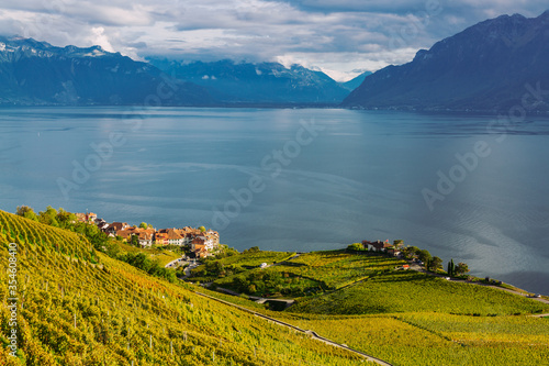 Lavaux, Switzerland: Lake Geneva and the Swiss Alps landscape seen from Lavaux vineyard tarraces in Canton of Vaud