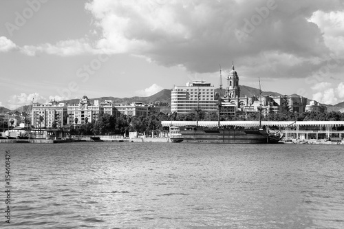 Malaga city, Spain. Black and white vintage style.