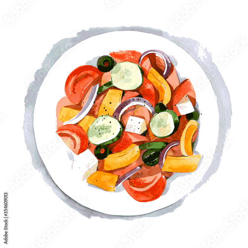 Greek salad. Hand drawn watercolor illustration isolated on white background. Vector
