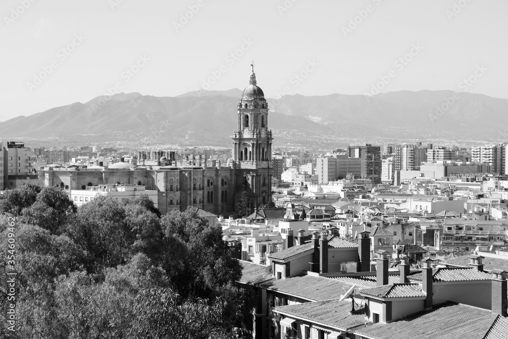 Malaga city, Spain. Black and white vintage filter style.