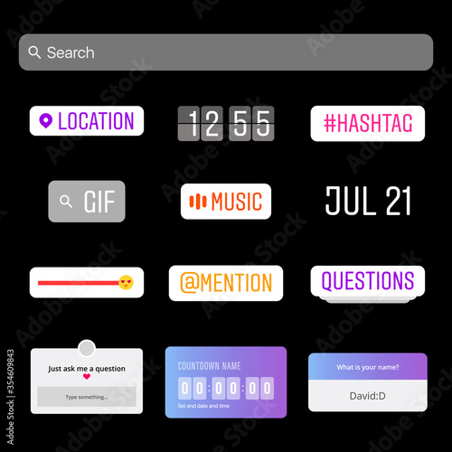 Instagram Stickers. Youtube. Social Media Interface Stickers. Sticker Set. Social Media. Hashtag, Emoji Slider, Countdown Timer, Location, Question, Time and Date Frames Vector illustration. Frame