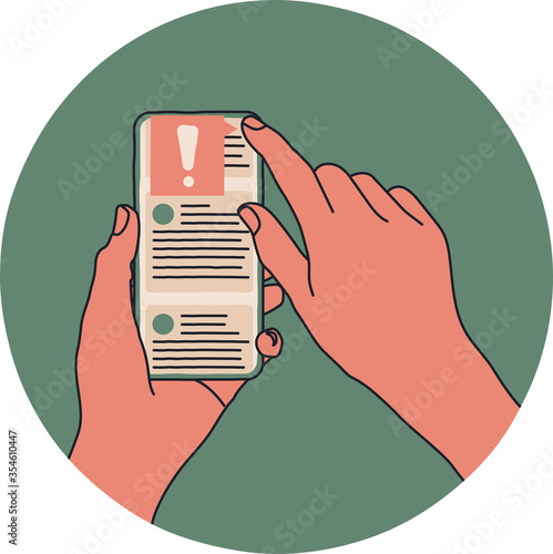 A person holding a smartphone in their hands and scrolling a social media feed. The user is reporting the post to the moderator as fake news or misinformation. Cartoon style flat vector illustration