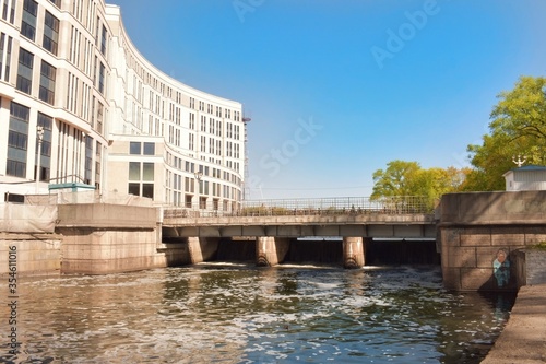 Svisloch river in Gorky park in Minsk, Belarus. Sunny summer day in entertainment park