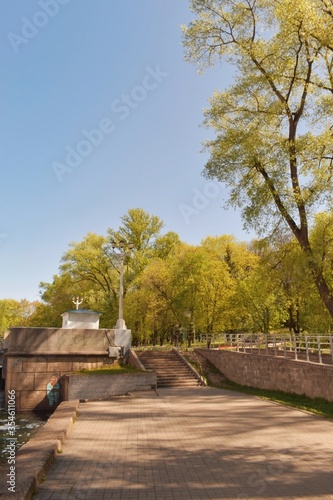 Sidewalks among tall green trees in Gorky park in Minsk, Belarus. Walking on the summer sunny day