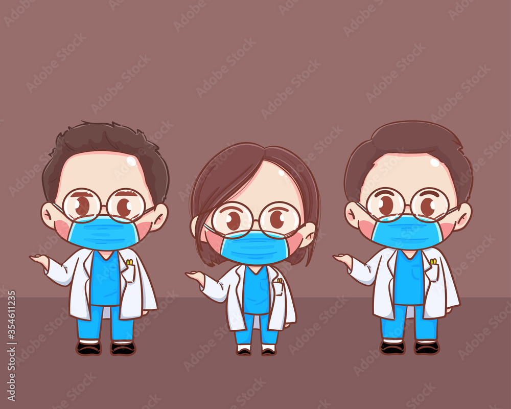 Doctor cartoon Male and Female in personal protective suit wear a surgical protective medical mask for prevent virus Premium Vector art illustration Doctor cartoon Male and Female in personal protective suit wear a surgical protective medical mask for prevent virus Premium Vector art illustration