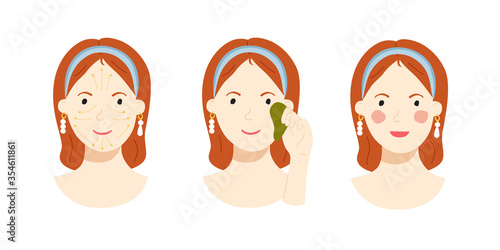 Vector illustration of a woman portrait with facial massage lines. Girl cares about her face with gua sha. Beauty routine steps