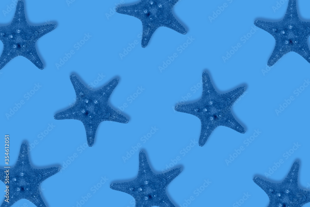 Dried toned in blue sea star fish pattern on blue background.