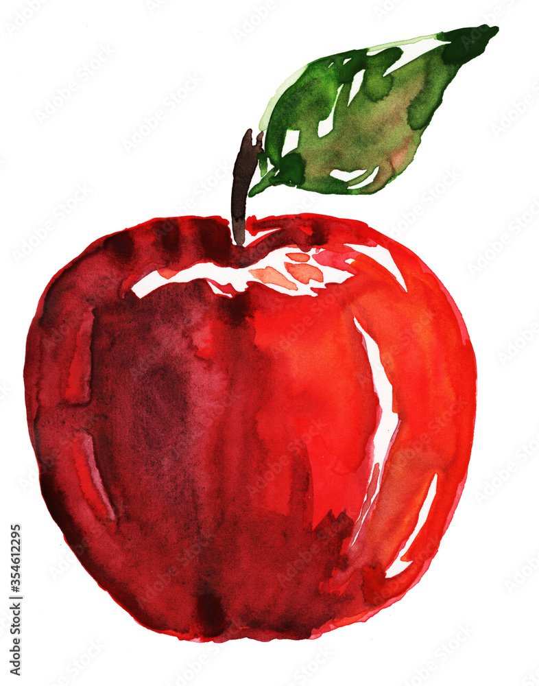 Watercolor red tasty apple with green leaf - obrazy, fototapety, plakaty 