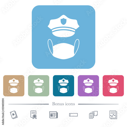Police hat and medical face mask flat icons on color rounded square backgrounds
