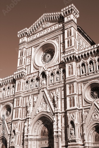 Florence Cathedral facade. Sepia toned retro filtered photo.