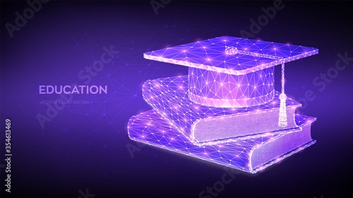 Graduation cap and books. Abstract Low Polygonal Student hat with books. E-learning concept. Innovative online education. Distance graduate certificate program. Academic study. Vector illustration.