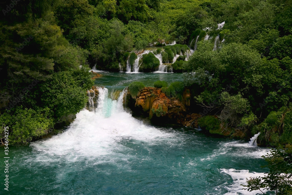Beautiful waterfalls in National Park Krka, Croatia. Krka is popular summer travel destination.