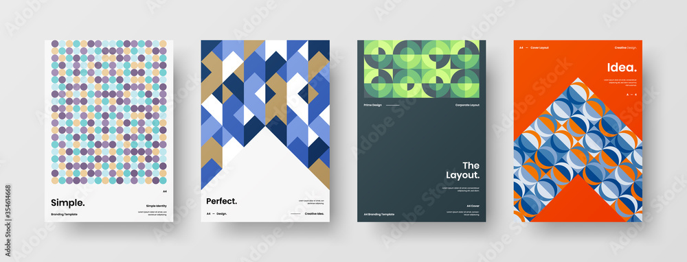 Fototapeta premium Company identity brochure template collection. Business presentation vector A4 vertical orientation front page mock up set. Corporate report cover abstract geometric illustration design layout bundle.