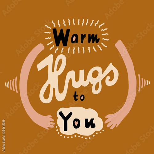 
Cheerful warm virtual hugs greeting card template background. Paper cut out hand drawn bring collage lettering social media note card. Heartfelt thinking of you  sentiment. Isolated vector 