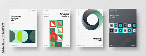 Company identity brochure template collection. Business presentation vector A4 vertical orientation front page mock up set. Corporate report cover abstract geometric illustration design layout bundle.