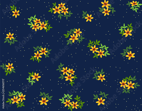Floral pattern. Pretty flowers on navy background. Printing with small yellow flowers. Ditsy print. Seamless vector texture. Spring bouquet.