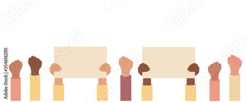 Collection of multicultural hands holding empty signs posters. Place for text. Agitation, protest, manifestation, rebel.