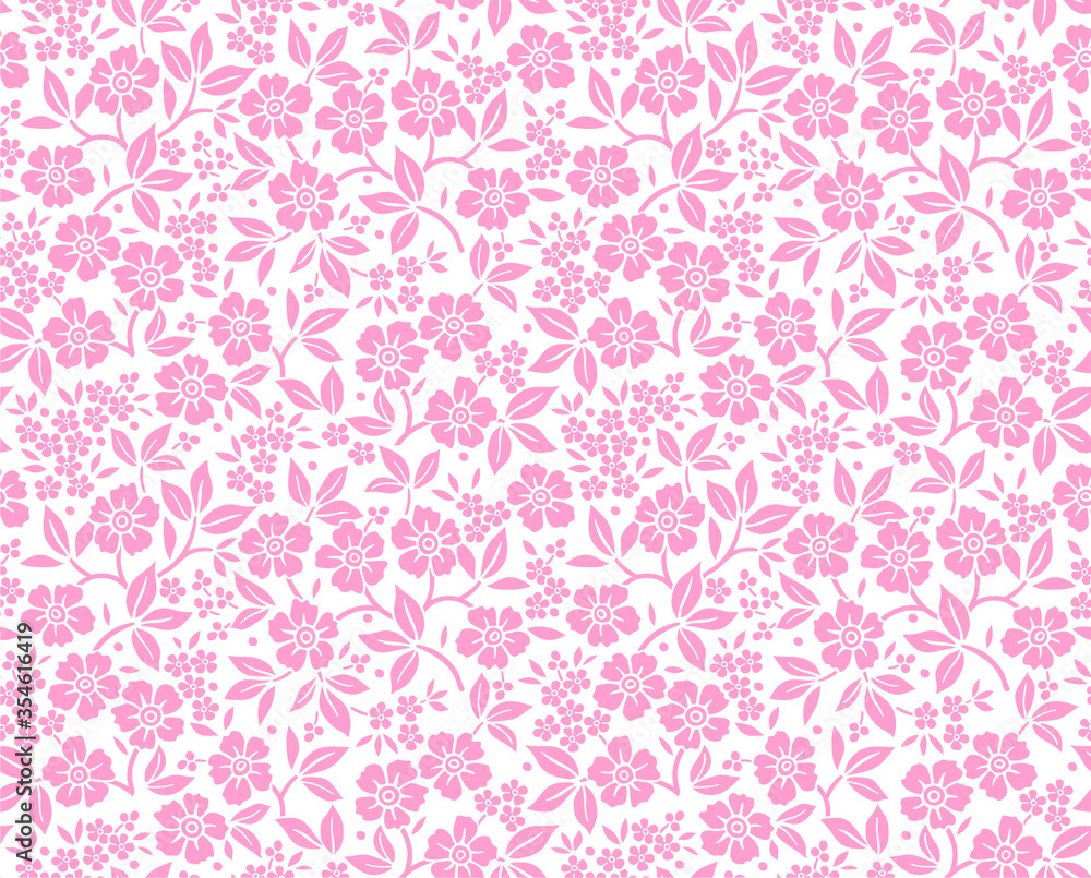 Simple cute pattern in small pink flowers on white background. Liberty style. Ditsy print. Floral seamless background. The elegant the template for fashion prints.