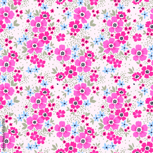 Floral pattern. Pretty flowers on white background. Printing with small pink flowers. Ditsy print. Seamless vector texture. Spring bouquet.