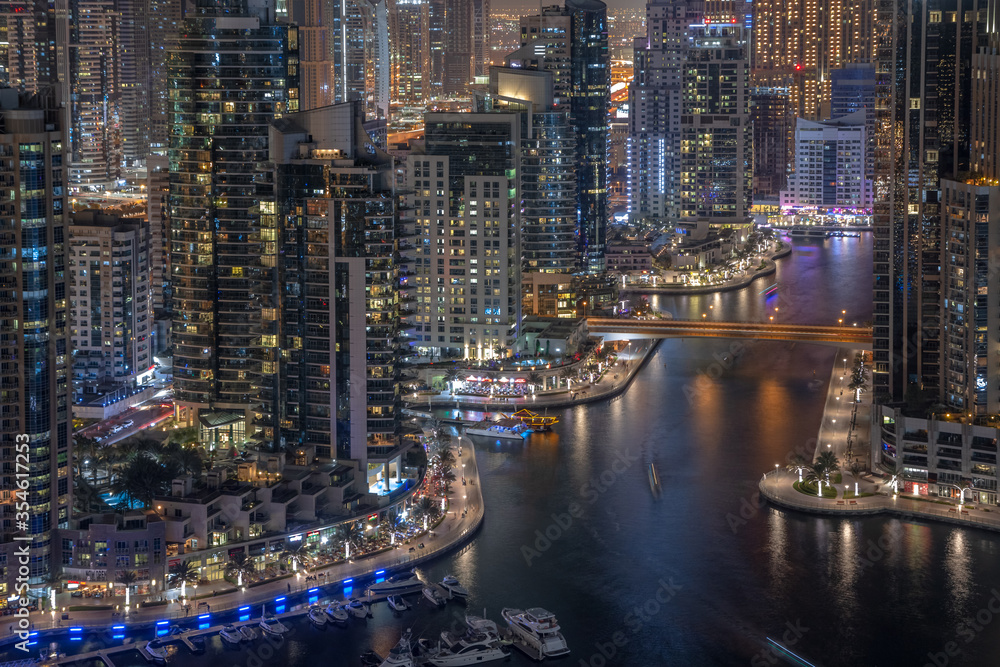 Dubai at night. Aerial view of Dubai skyscrapers.