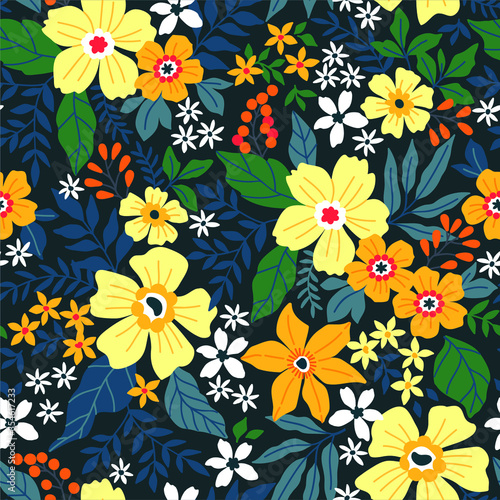 Trendy seamless vector floral pattern. Endless print made of small colorful flowers, leaves and berries. Summer and spring motifs. Vector illustration.