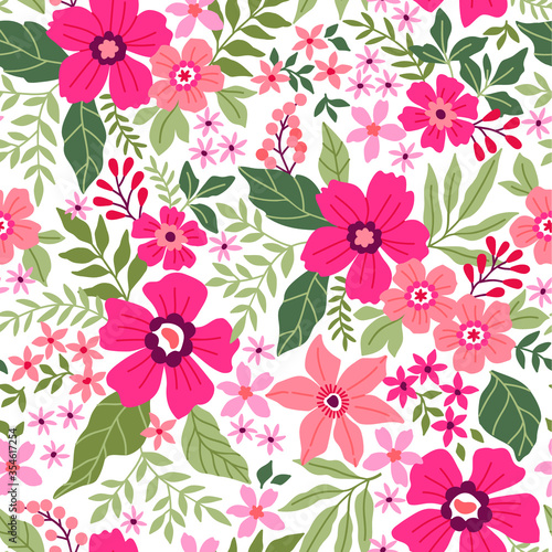 Amazing seamless floral pattern with bright red and coral flowers and leaves on a white background. The elegant the template for fashion prints. Modern floral background. © ann_and_pen