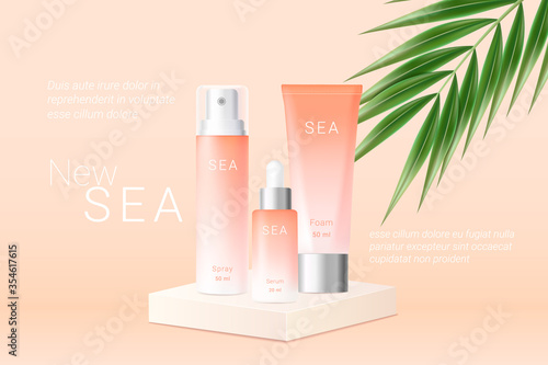 Summer orange spray, cream and serum bottles ads template