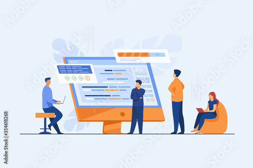 Software developers coding on computer with script. Coding, engineering, interface design flat vector illustration. Programming concept for banner, website design or landing web page