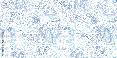 Wellbeing meditation buddha pattern. Lifestyle. Exotic jungle lagoon landscape seamless modern design. Botanical leaf and buddha statue in delft blue tones. Hand drawn line art design. Packaging, home