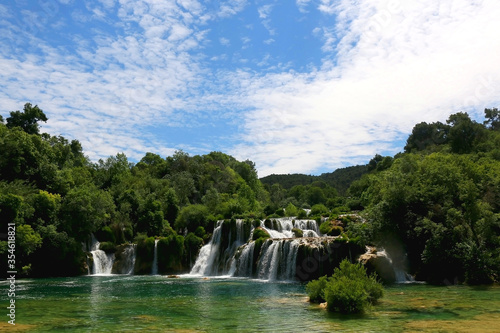 Beautiful waterfalls in National Park Krka  Croatia on a sunny summer day. 